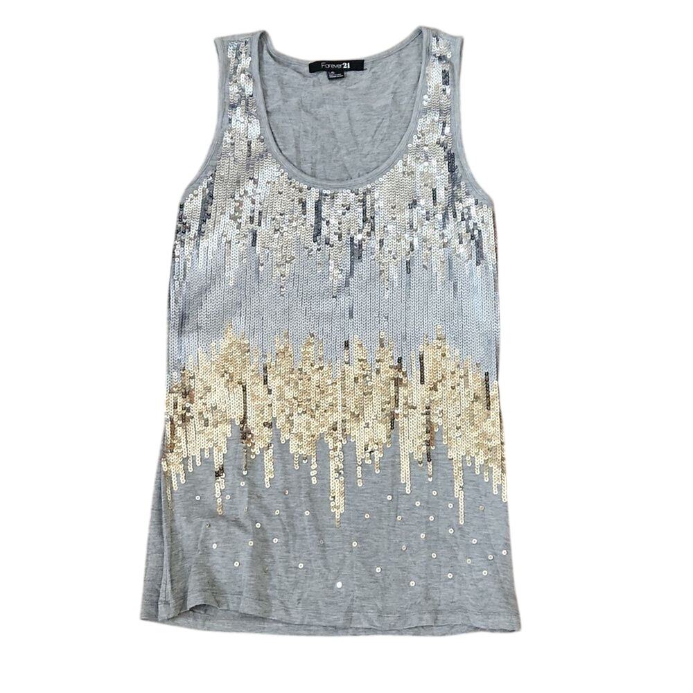 Forever 21 gray women's large gray tank top silver gold sequins